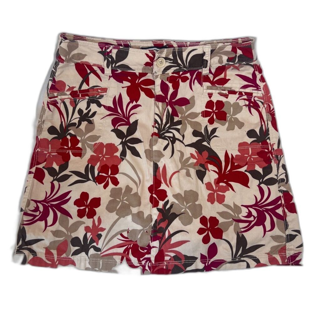 Croft & Barrow Tropical Red Floral Print Cotton‎ Khaki Skort Skirt Size 8 Petite